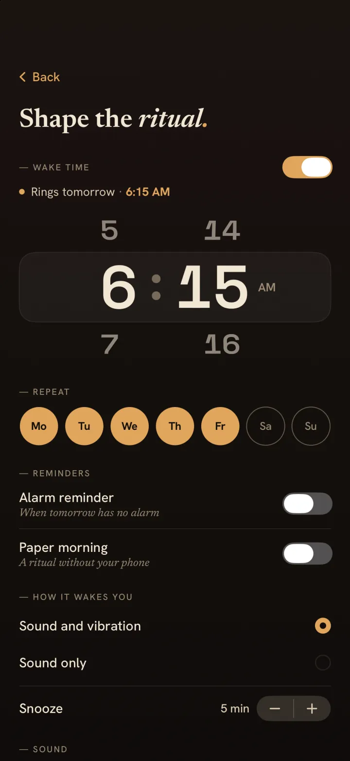 Alarm settings: wake time 6:15 on weekdays, reminders and snooze.